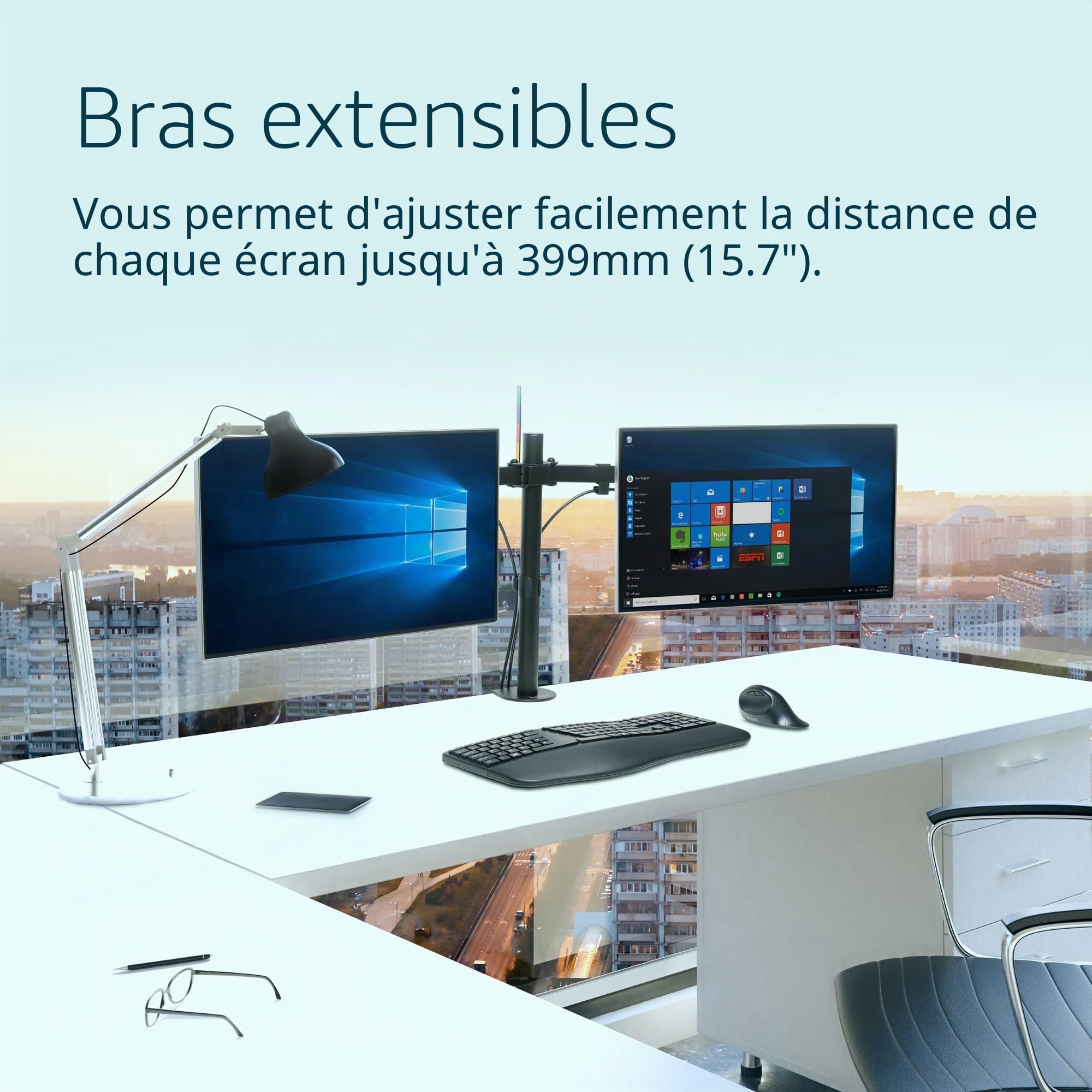 Kensington Bras pour Écran - Support Extensible pour 2 Écrans avec Ajustement de la Hauteur SmartFit Ergonomique pour Écran de PC jusqu'à 32" (K55409WW) Noir