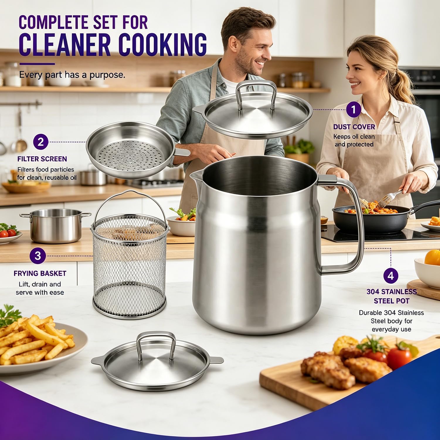 Olla coladora de aceite de acero inoxidable 304 2 en 1 con cesta para freír, recipiente multifuncional de grasa de cocina para una fácil cocción y almacenamiento (2.0L/70 onzas)