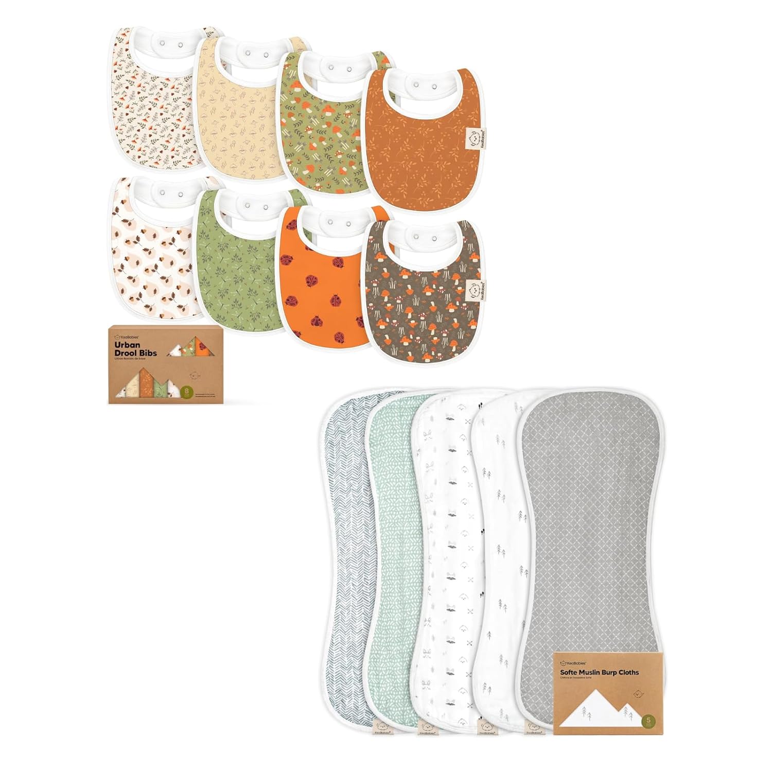 KeaBabies 8-Pack Baby Bibs for Girls & Boys and 5-Pack Muslin Burp Cloths for Baby Boy and Girl - Teething Bibs for Kids, Toddler - Cotton Washcloths, Burp Rags