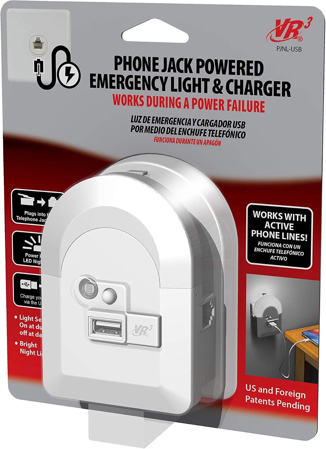 VR3 Phone Jack Powered Emergency Night Light and Charger