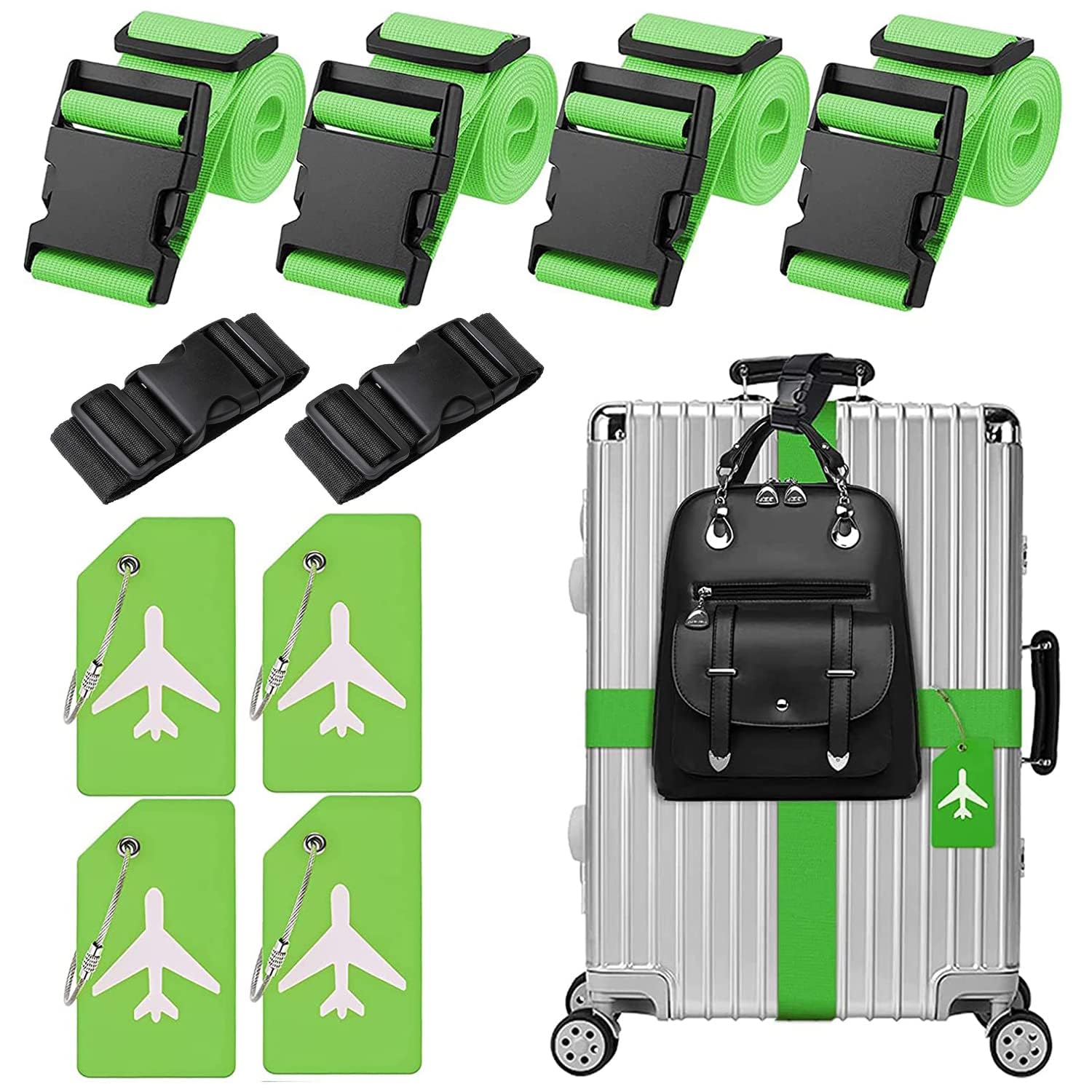 4 Stück Koffergurt & 4 Stück Kofferanhänger & 2 Stück Fügen Sie Eine Tasche Gepäckgurte Hinzu, Kofferband Gurt, Einstellbare Kofferbänder, Auffällig Luggage Strap für Koffer