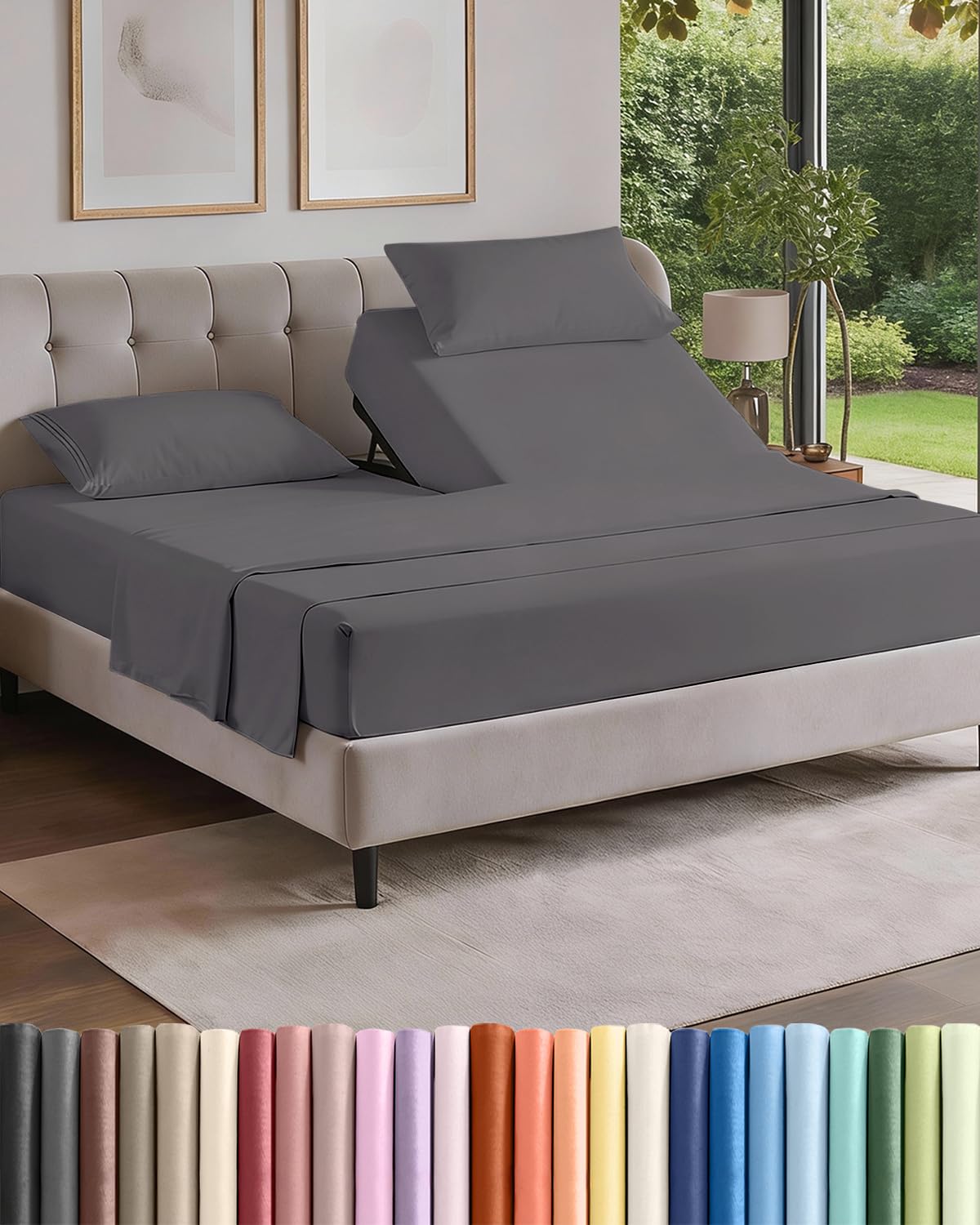 Split Head King Sheets Set - Top Split King Sheets for Adjustable Beds, Easy-Fit Split Head King Mattress - Flex Split Top King Sheets, Easy-Fit, Breathable, Deep Pocket Split King Sheets - Dark Grey