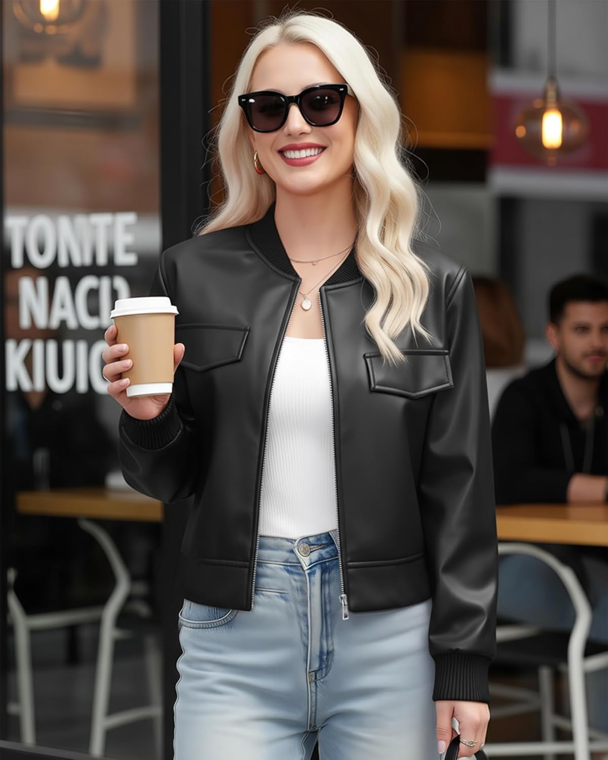 Women Leather Jacket Faux Cropped Bomber Coat Cute Short for Casual Vacation Travel College Going Out Classy Outfit - Image 3