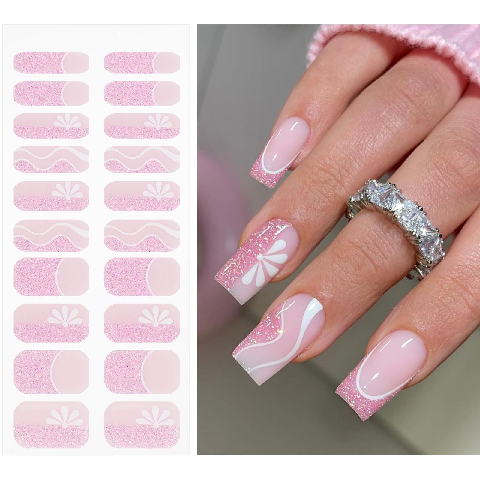 JMEOWIO Gel Nail Stickers Pink Glitter White Flower French Tip Semi Cured Gel Nail Strips Wraps UV/LED Nails Art Design Decoration Accessories - Image 2
