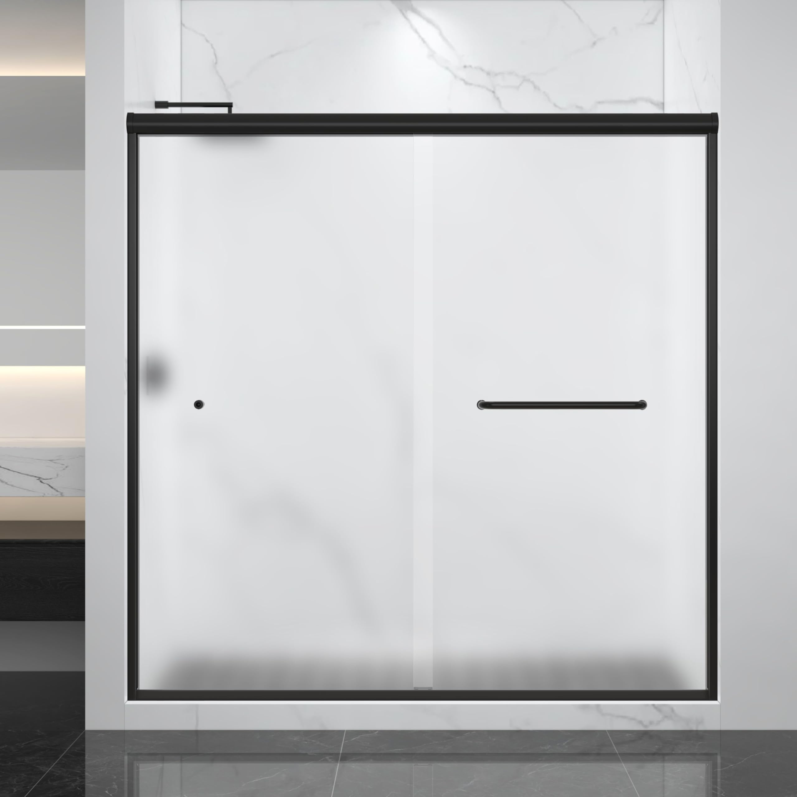 Photo 1 of ** selling as partial set. One broken glass door was removed from major damage.**FELYL Frosted Double Sliding Shower Door 67-72" W x 72" H, Matte Black, Bypass Shower Door, Framed, 1/4" (6mm) Tempered Glass