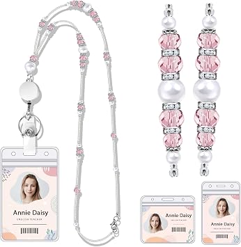 Teacher Lanyards for ID Badges and Keys, Beaded Retractable Reel Badge Lanyards with ID Holder for Women, Graceful Pearls and Crystals Electroplated Pink