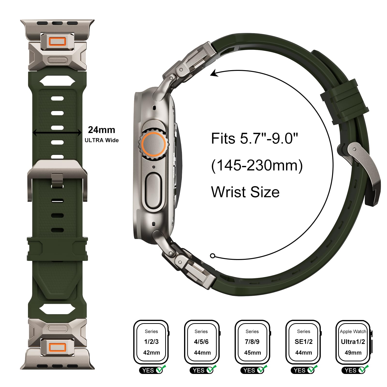 Armband für Apple Watch Ultra 2 und Ultra – Fluorkautschuk (FKM) Sportarmband, Metallanschluss, 49 mm, für Apple Watch Ultra 2/Ultra/Serie 9/8/7/6/5/4/3/2/1/SE, 45 mm, 44 mm, 42 mm