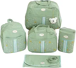 Kit Bolsa Maternidade, Mochila com Chaveiro de Ursinho, Bolsa Térmica, Trocador Impermeável, 5 Peças