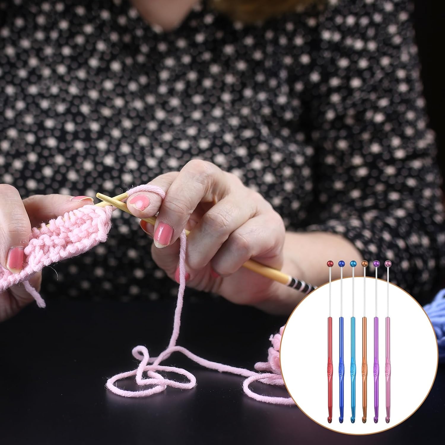 HARFINGTON 6pcs 5mm Beadable Crochet Hooks Metal Material 18.1cm Yarn Darning Needle for Home Handicrafts with 6 Colors