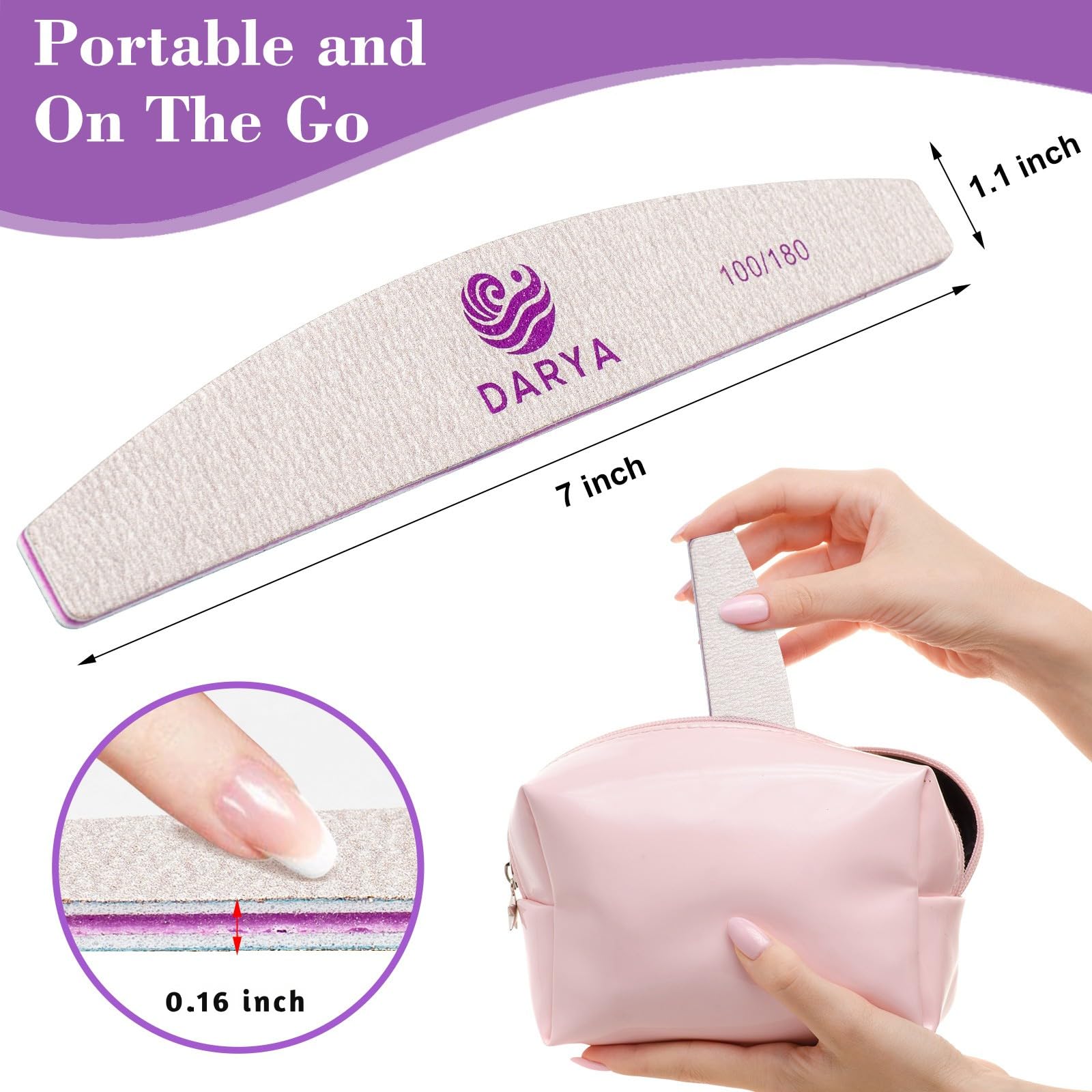 DARYA Limas de uñas (12 piezas) de doble cara de grano 100/180 para uñas, acrílicas, limas de uñas naturales, duraderas, lavables, profesionales para uso doméstico y salón (grano 12, unidades, grano