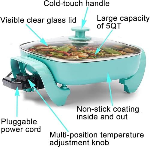 Miniatura 7 de Sartén eléctrica de cerámica antiadherente de 5 cuartos de galón - 12 pulgadas cuadrada con tapa de cristal, control de temperatura ajustable, apto