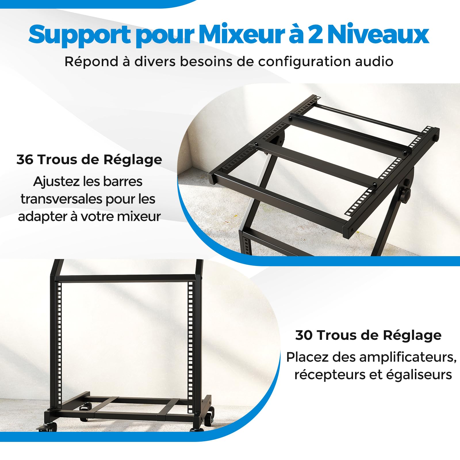 COSTWAY Rack Audio Professionnel à 2 Niveaux, Support pour Table de Mixage DJ 9U avec Barres Transversales Réglables roulettes Verrouillables, Chariot de Scène à roulettes pour Studio Bureau