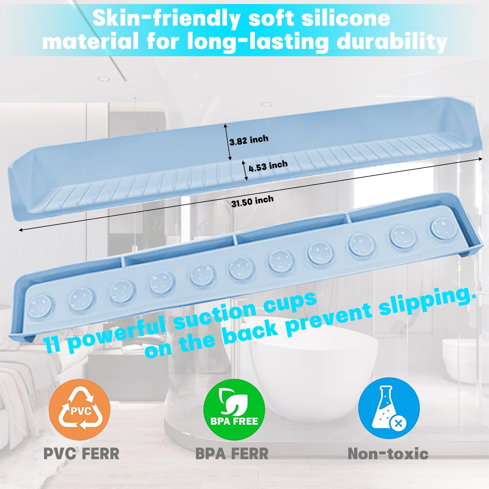 Protector de salpicaduras de silicona extra largo para bañera, color blanco, para evitar derrames de agua, accesorios de bañera para niños (2.6 pies, azul)