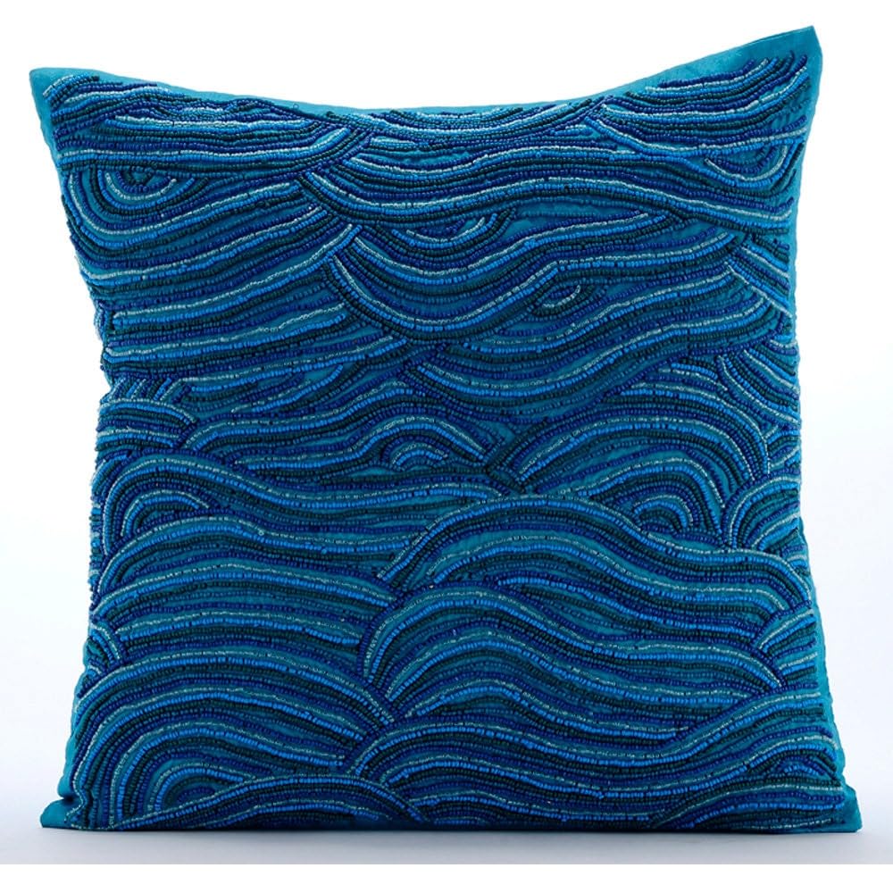 The HomeCentric Blue Cushion Cover, Beaded Ombre Sea Waves Ocean & Beach Theme Pack of 2, 40x40 cm (16x16 inch) Cushion Cover, Silk Cushion Cover, Art Deco Cushion Cover, Striped - Sea Windsor