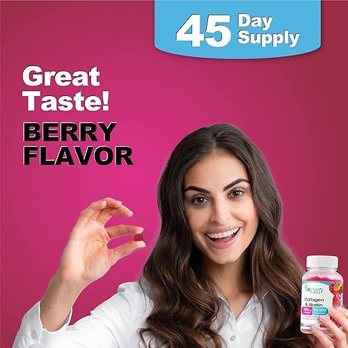 Miniatura 4 de Gomitas de colágeno y biotina de 10000 mcg, veganas, sin OMG, sin gluten, sabor natural a frambuesa, para el crecimiento del cabello, cabello, piel