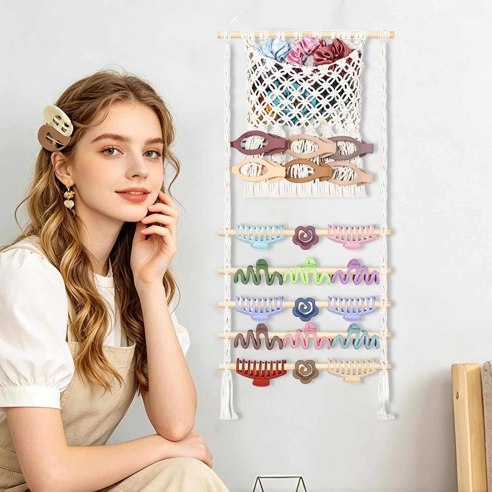 Organizer macramè per fiocchi e clip per capelli | supporto da parete per riporre oggetti decorativi; adatto per la cameretta delle ragazze e dei bambini; pratico per la porta