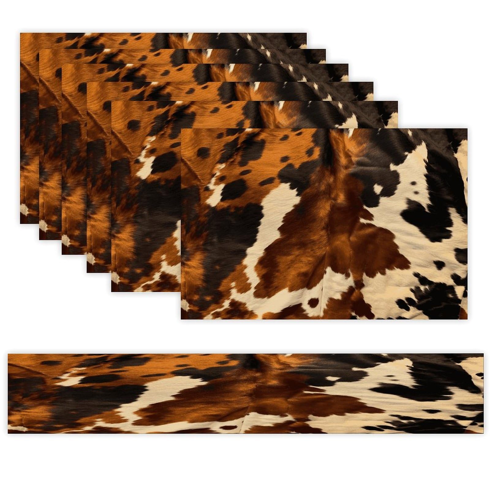 Abstract Cow Skin Table Runner and Placemats Set of 6 Wipe Clean Heat Resistant Table Mat with Table Runner Decorations Flax Linen Place Mat Set for Home Kitchen Party Supplies