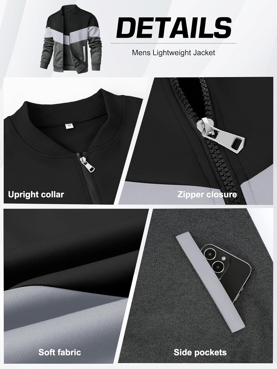 Arssm Mens Lightweight Jacket Color Block Bomber Jacket Patchwork Fall Zip Up Varsity Coat - Image 6