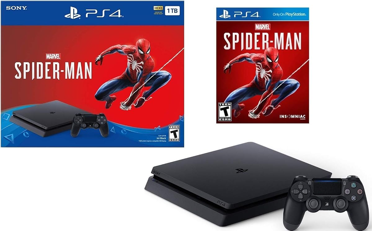 Paquete Sony Playstation 4 de 1 TB Marvel's Spider-Man: consola Playstation 4 de 1 TB Jet Black, Marvel's Spider-Man, controlador inalámbrico DUALSHOCK 4, elige juego y accesorios favoritos (renovado)