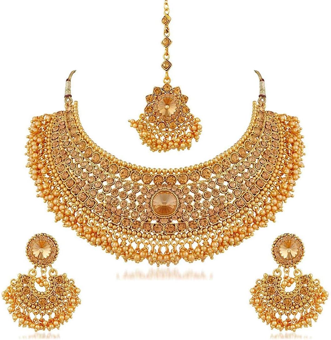 Aheli Indian Wedding Designer Faux Kundan Encrusted Choker Necklace with Maang Tikka Set Party Ethnic Fashion Jewelry Gift for Women