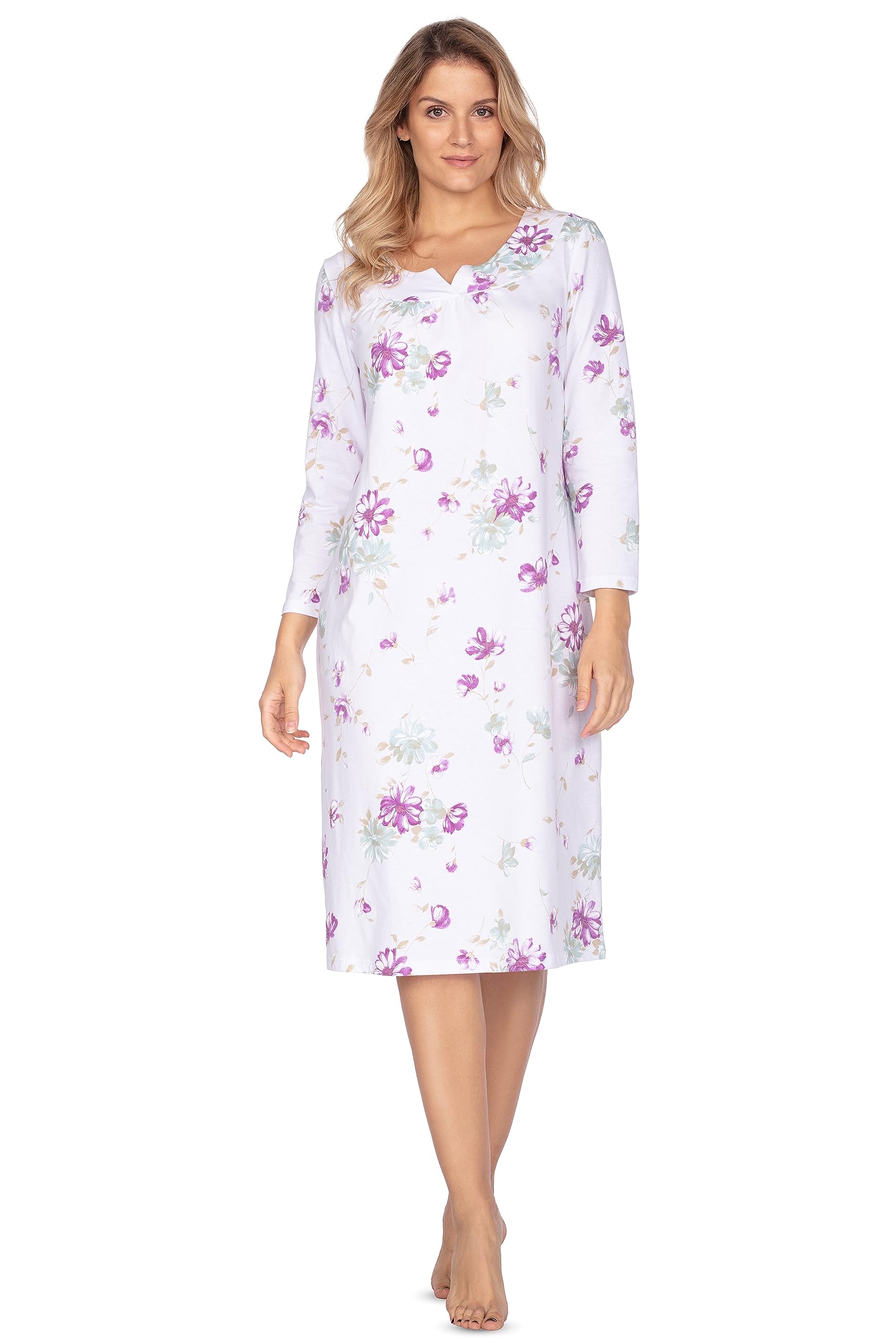 e.Femme® Jana 1092 Women's Nightdress 7/8 Sleeve 100% Cotton, White/Aubergine, 10