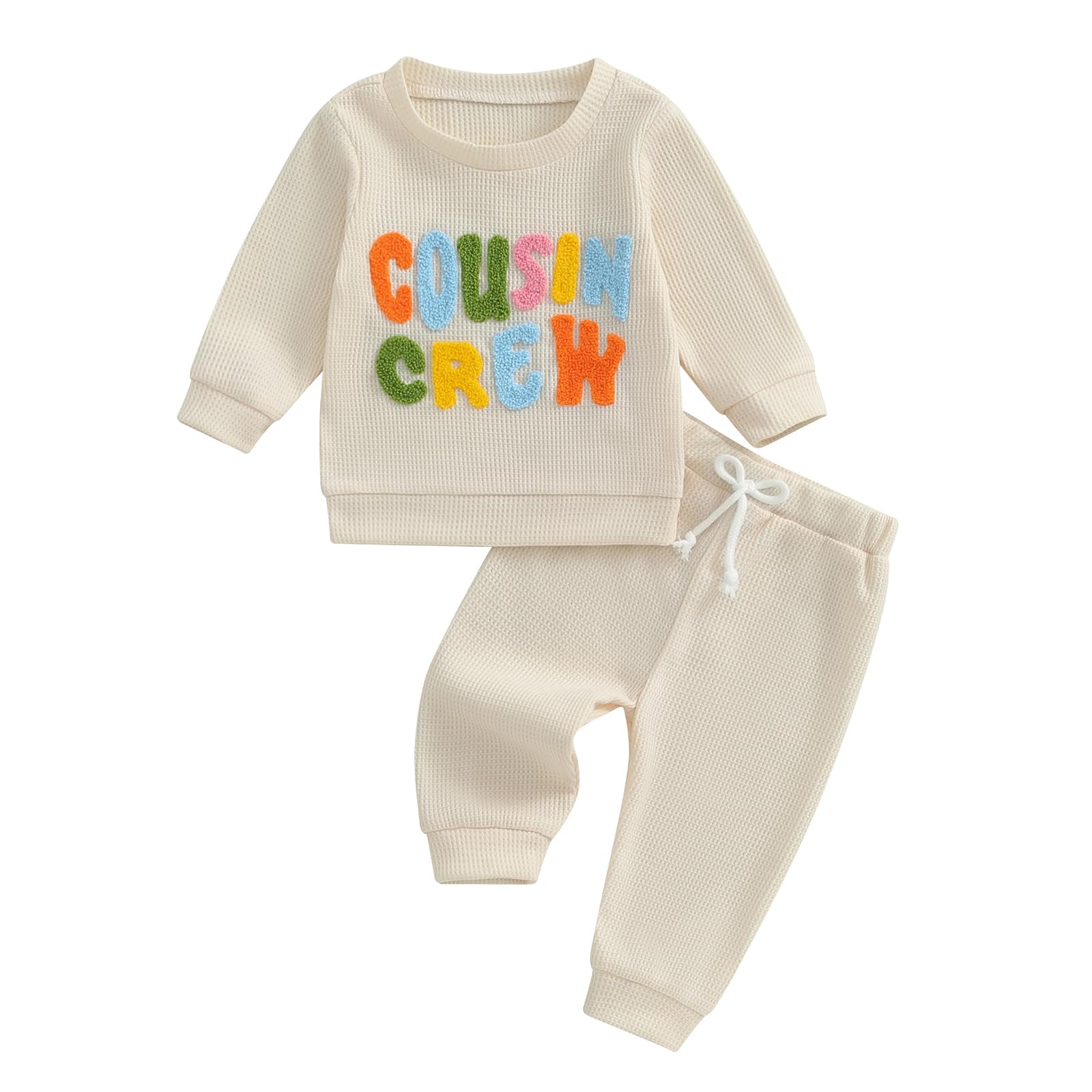Toddler Baby Boys Cousin Crew Outfits Funny Letter Embroidery Sweatshirts Pullover Jogger Pants Spring Waffle Clothes (A Beige, 0-6 Months)