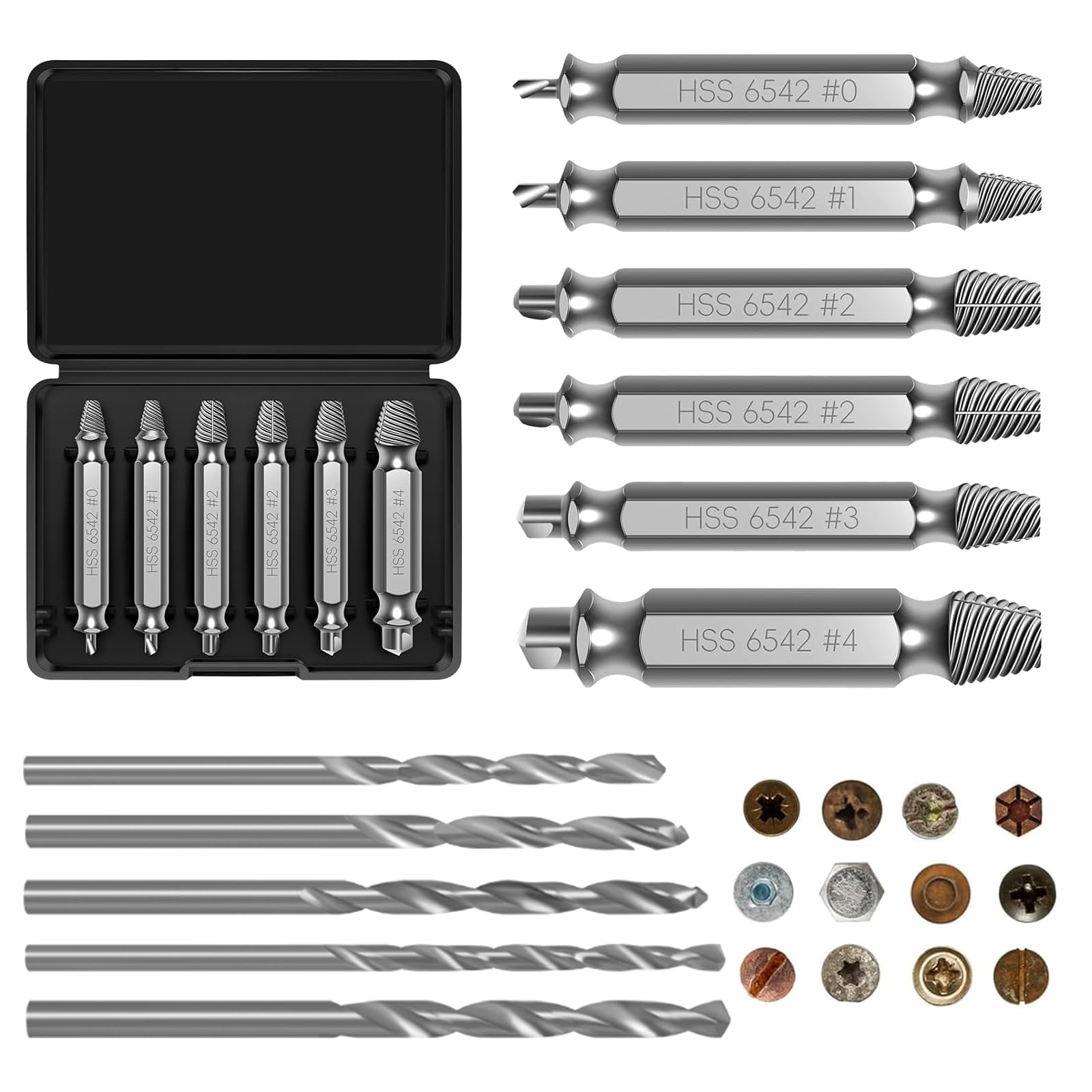 11PCS Screw Extractor & Bolt Extractor Set, HSS 6542 (63-65HRC) with 3 Twist Drill Bits, Double Ended Bits