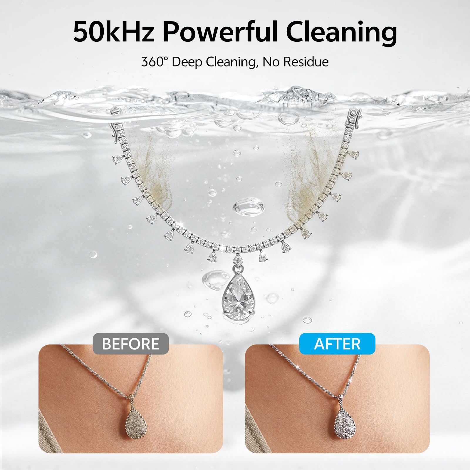 Limpiador ultrasónico de joyas, máquina limpiadora ultrasónica de 50 kHz para joyas, lentes, anillos, correas de reloj, cabezales de cepillo de dientes, dentaduras postizas, retenedores, modo de