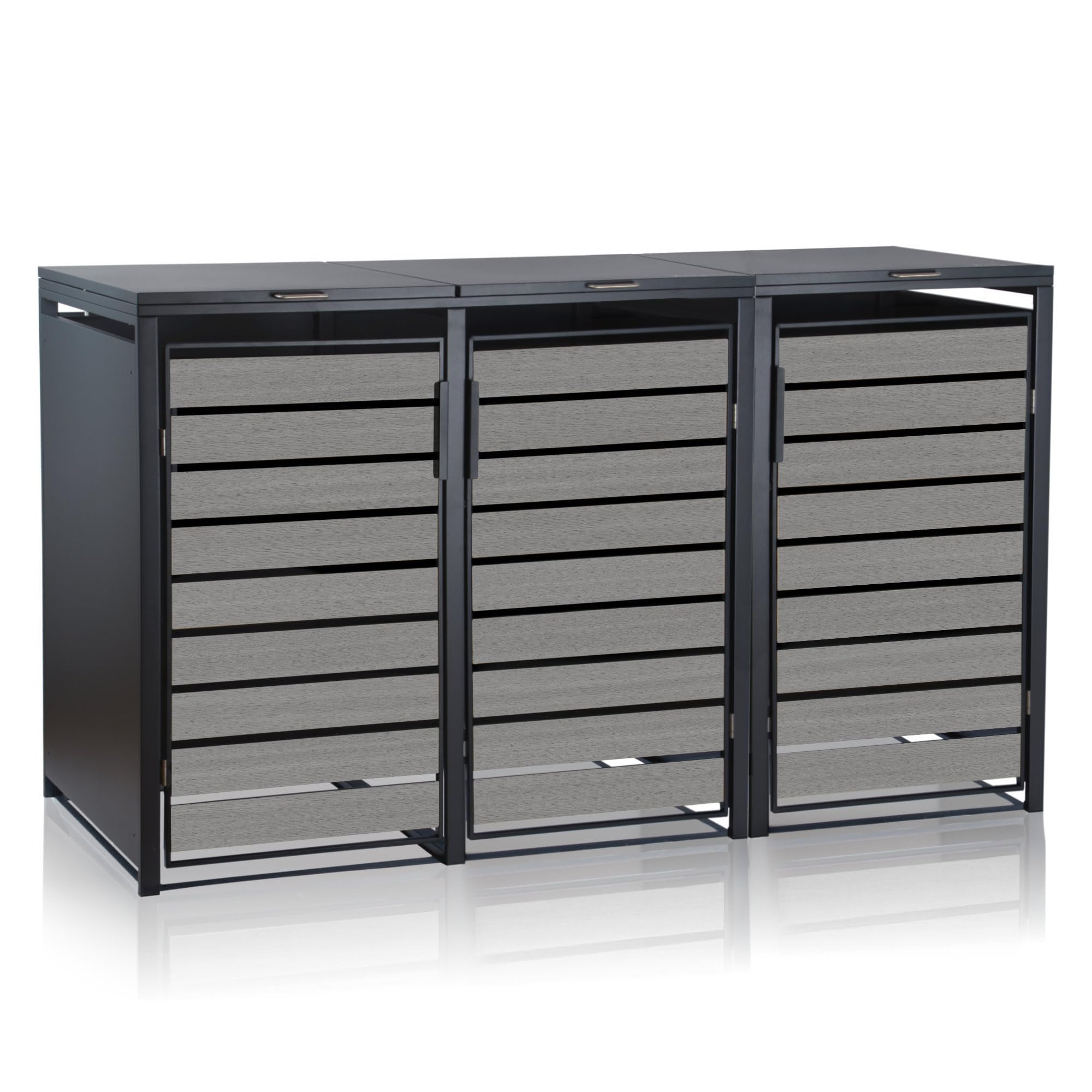 Zelsius Mülltonnenbox 3er für 3 Mülltonnen | 120-240 Liter | Anthrazit RAL 7016 | Tür in hellgrauer Holzoptik inkl. Erweiterungsmöglichkeit | Mülltonnenhäusschen, Mülleimerboxen