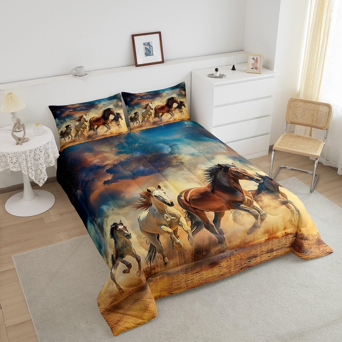 Feelyou Horse Bedding Set Toddler Size Galloping Horse Comforter Set for Kids Boys Girls Decor Cute Animal Decor Comforter Galaxy Brown and Blue Duvet Set