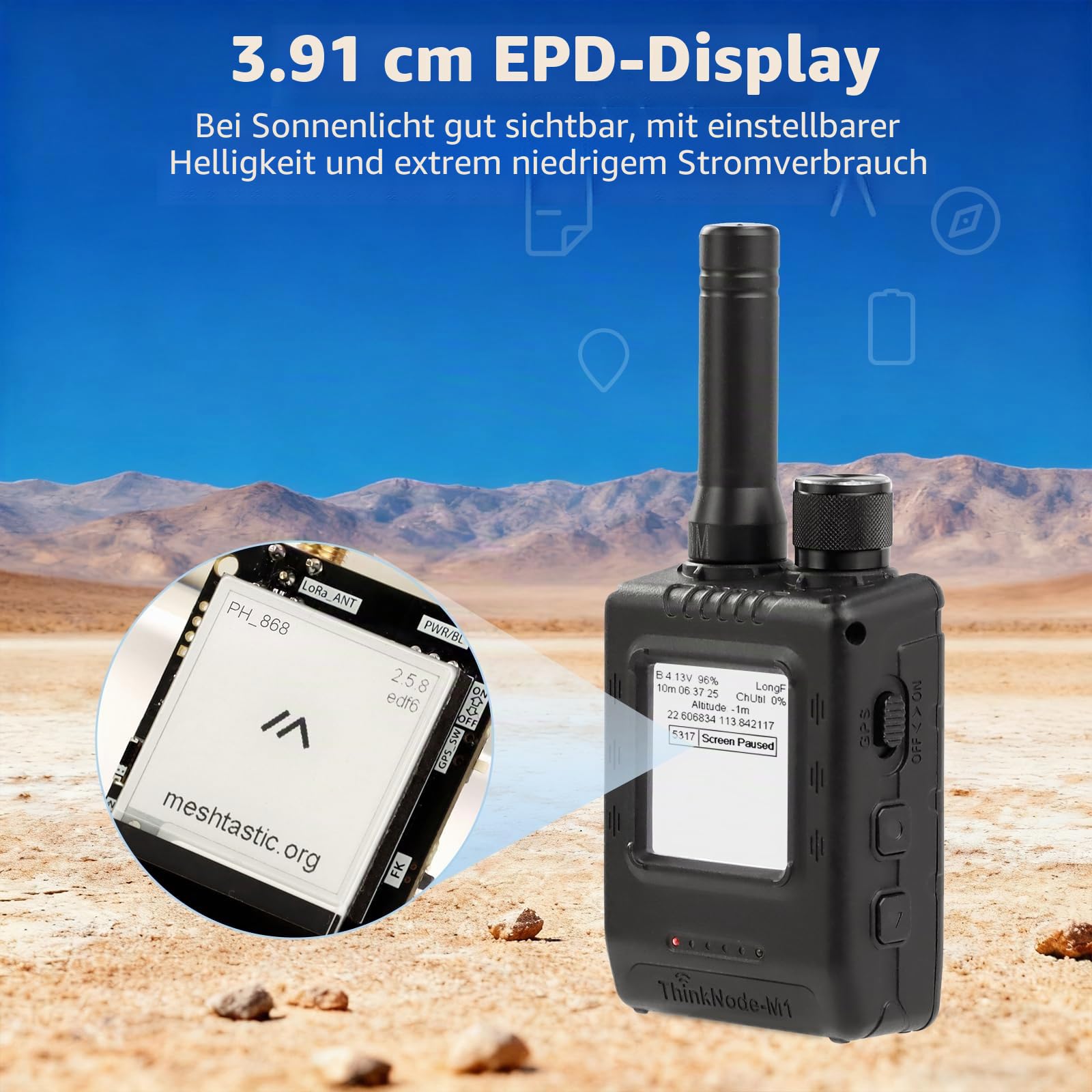 ELECROW Meshtastic LoRa Funkmodul mit GPS & nRF52840 – ThinkNode M1, tragbares Langstrecken-Funkgerät mit 1,54 Zoll EPD Display & Gehäuse, SX1262 868MHz, 1200mAh Akku für Outdoor & DIY-Projekte