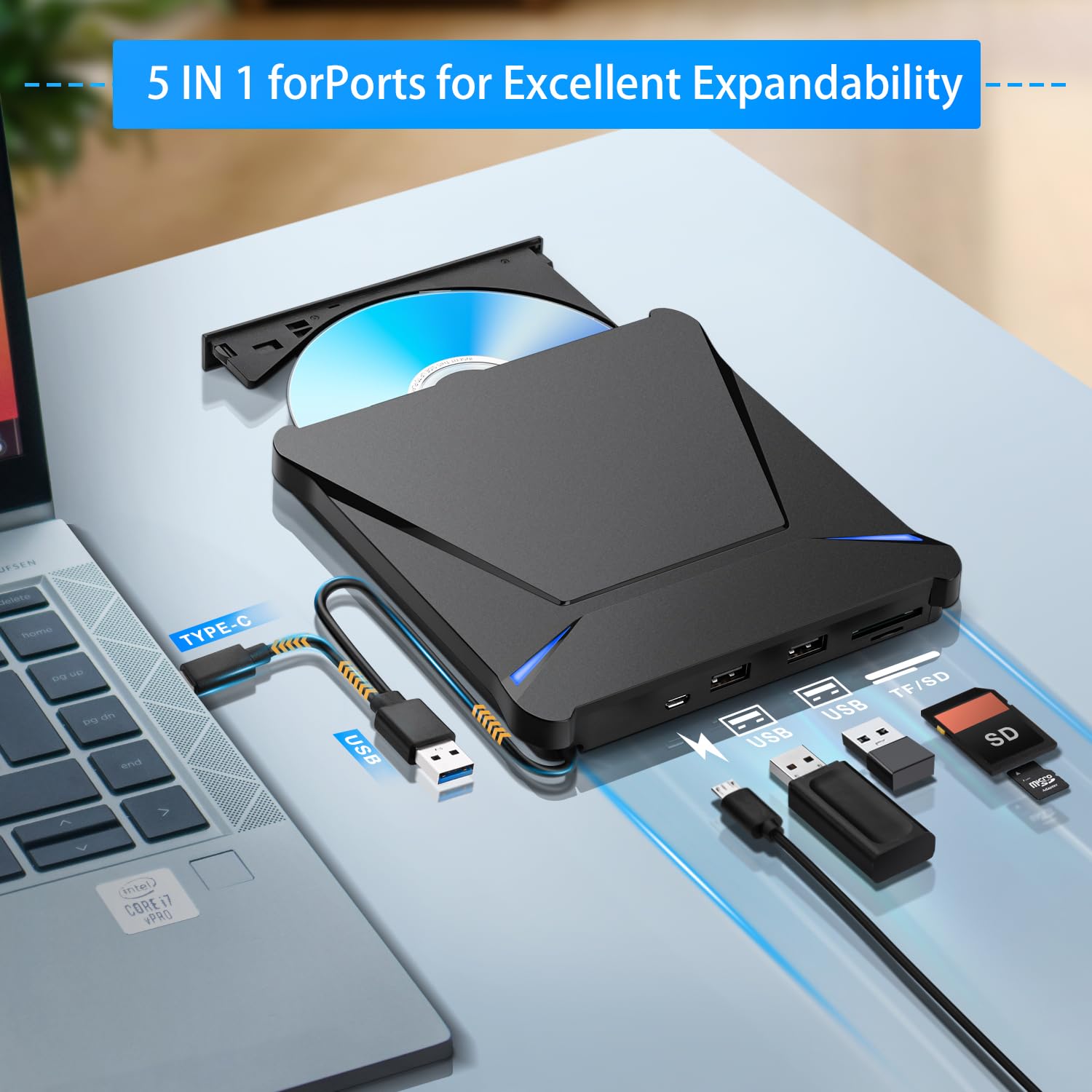 Haiway 5 in 1 External Blu ray Drive, Support 100G Disc R/W, USB3.0 Type-C Bluray Drive BD DVD CD Burner with 2 USB Ports, SD/TF Card Slot Compatible with Windows XP/7/8/10/11 Mac Laptop Desktop