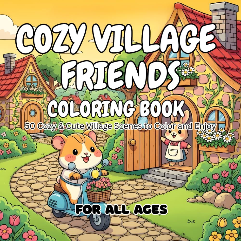 Cozy Village Friends Coloring Book: 50 Cute & Relaxing Cottage Village Scenes Featuring Adorable Animal Friends — Perfect for Kids, Teens & Adults