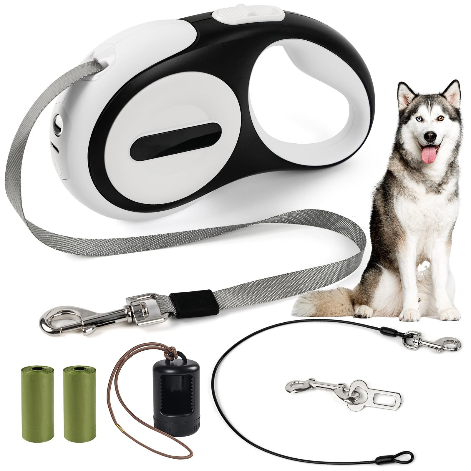 ODRIEW Retractable Dog Leash for Small Dogs-Medium Pet, 16ft for Dog up to 75lbs, with Rechargeable LED Light, Dispenser, Poop Bags, 360° No Tangle, One-Handed Brake & Lock. (White, 16ft 75lb)