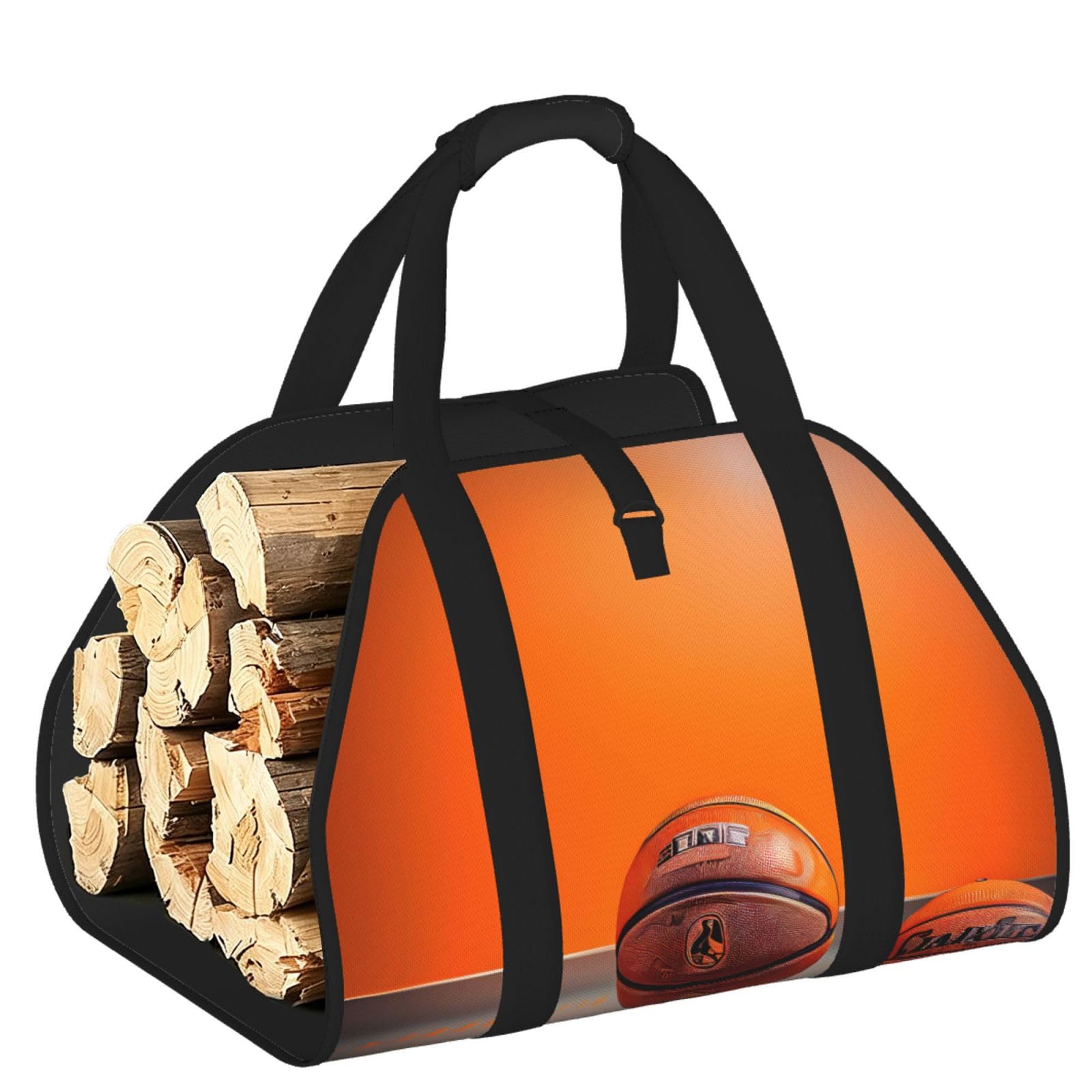 Ayyqwe Black Basketball Orange Print Firewood Bag Wood Waterproof Versatile Camping Picnic Storage Daily Home