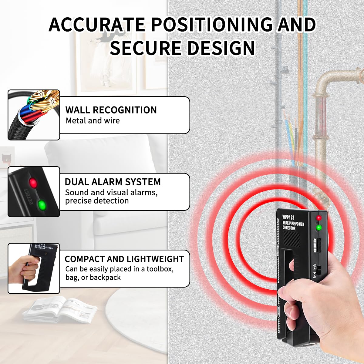 Detector De Metales Y Cables Wpp123 - Escáner De Pared, Con Alarma Acústica Y Visual, Sensibilidad Ajustable, Compacto