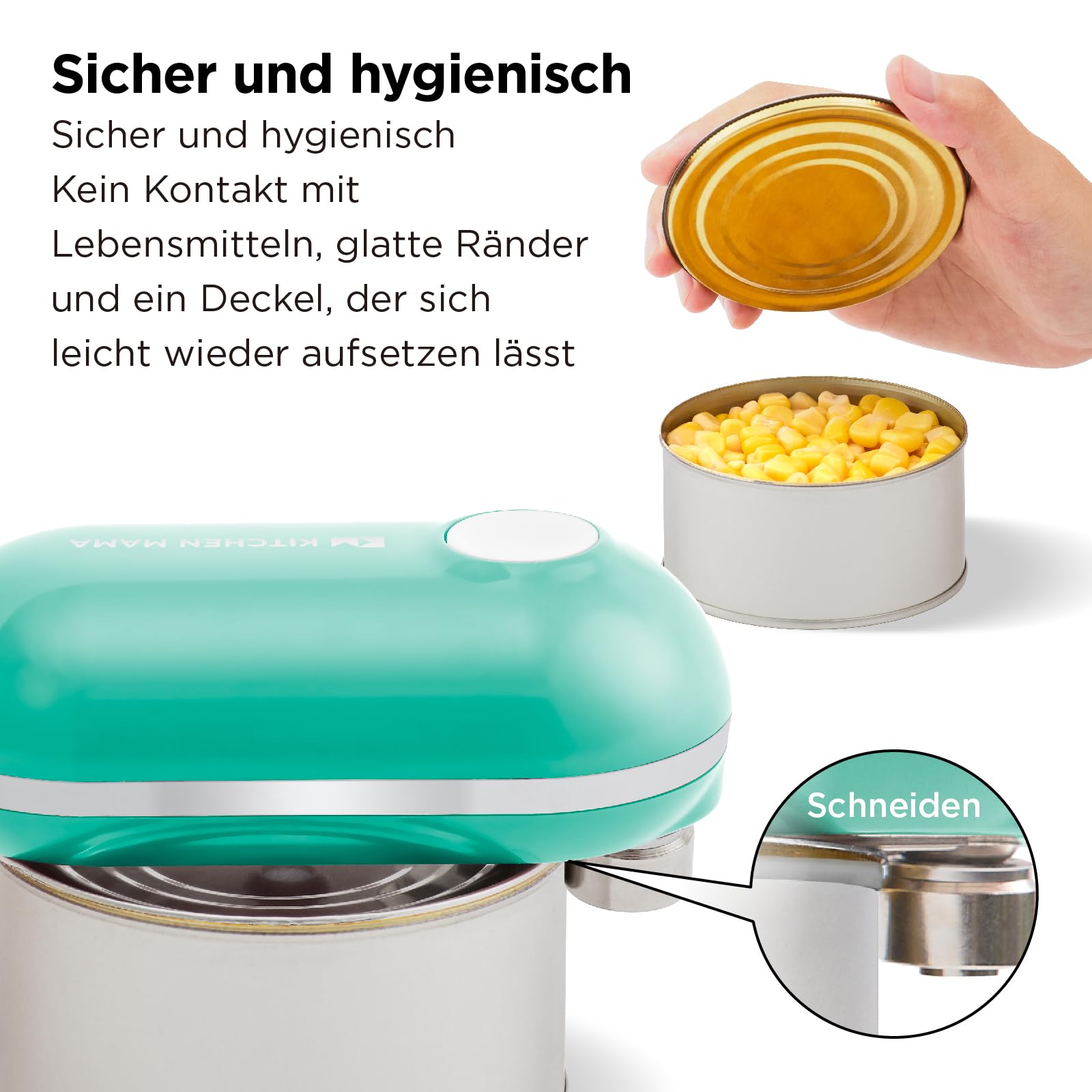 Kitchen Mama Mini Plus Wiederaufladbarer elektrischer Dosenöffner: Kompakt, Aufladen über Typ-C Ladekabel, freihändig, automatische Abschaltung, glatte Ränder, lebensmittelecht (Türkis)
