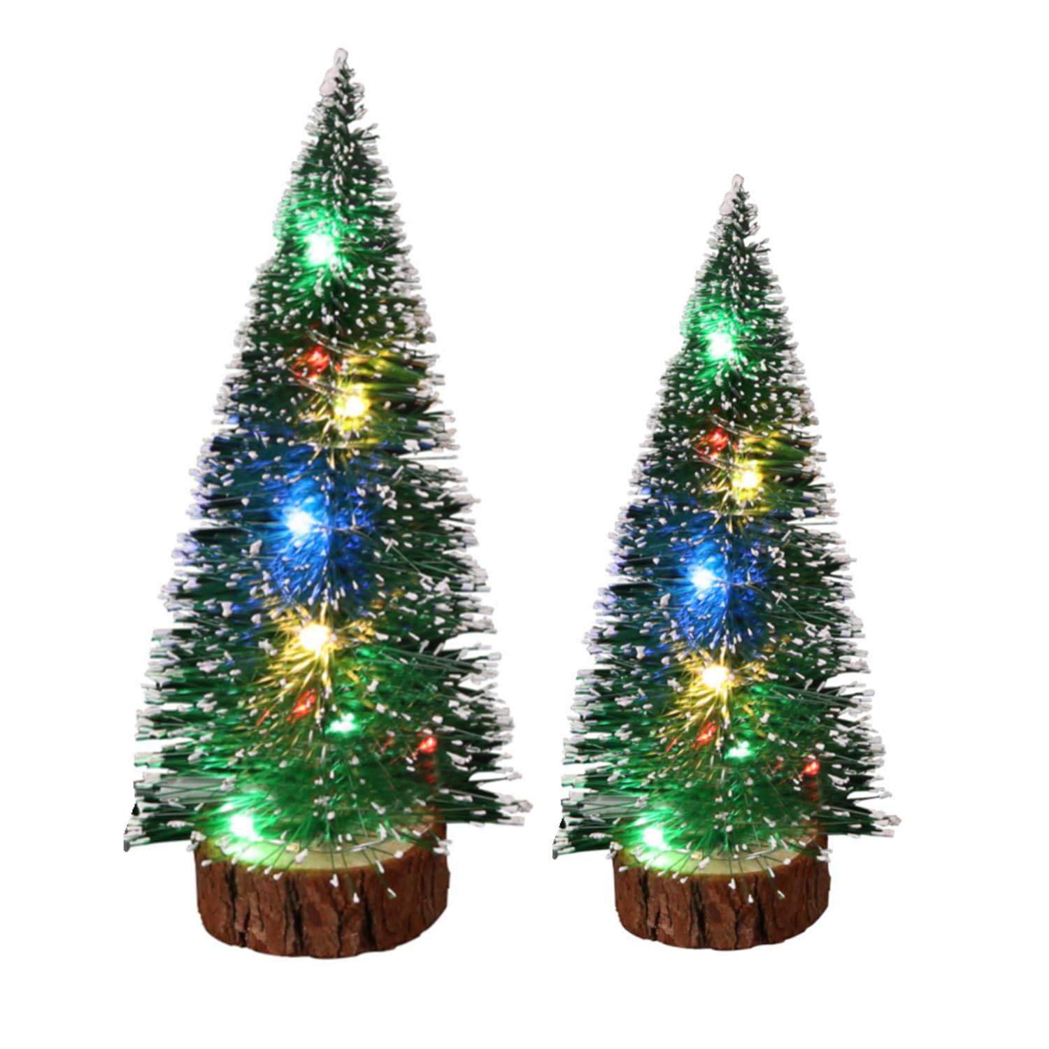 Lot de 2 mini sapins de Noël artificiels avec guirlande lumineuse LED - Décoration de table - Base en bois - Petit sapin pour la maison, le bureau, les vacances d'hiver
