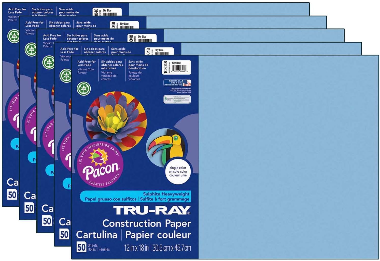 Tru-Ray Construction Paper, Sky Blue, 12" x 18", 50 Sheets Per Pack, 5 Packs
