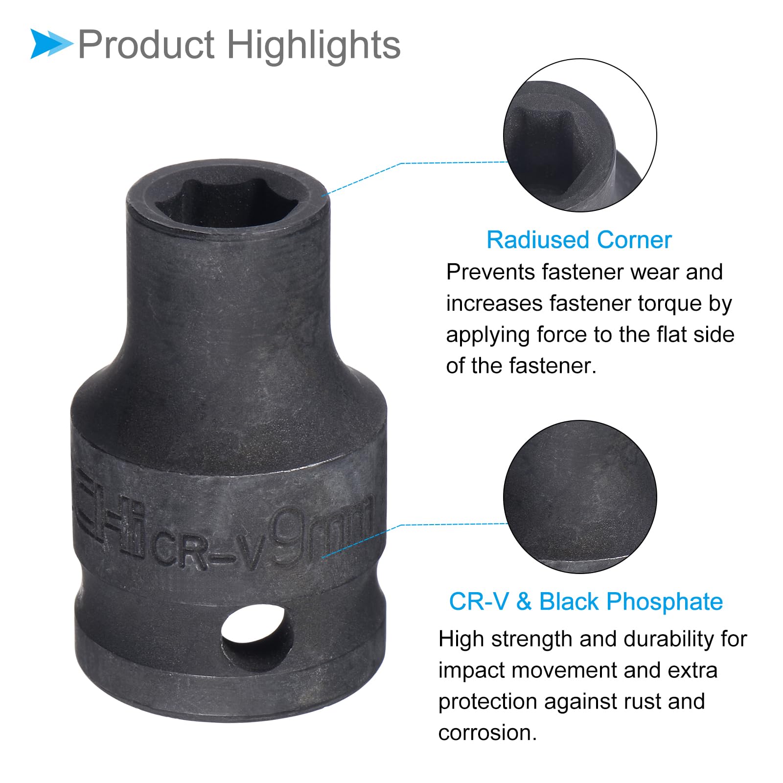 CoCud Deep Impact Socket, 1/2 Inch Drive 9mm Socket Size, CR-V 6-Point Metric Deep Sockets - Image 3