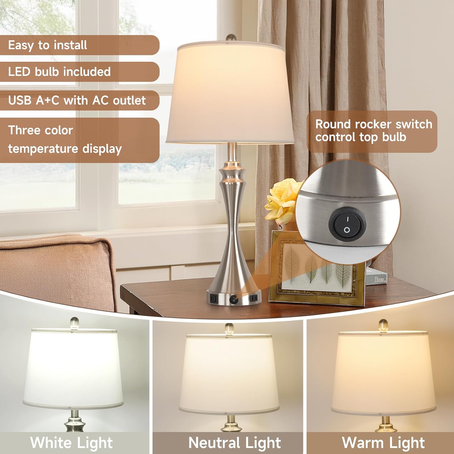 Living Room Deek Lamp Bedroom Table Lamp Set of 2,3 Way Dimmable Led Light Modern Industrial Table Lamps Sand Nickel Metal,USB Type A+C&Outlet, Linen Lampshade,Bulb*2