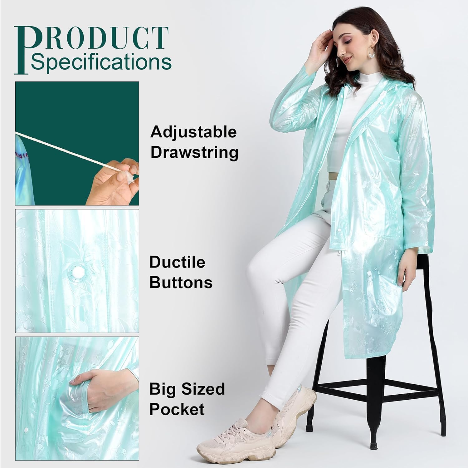 HACER Petals Raincoat Poncho for Women Waterproof Full Length Rainwear with Hood and Pockets for Girls & Ladies Carry Bag Included- (Random Color, Size- 52, XXL) 2