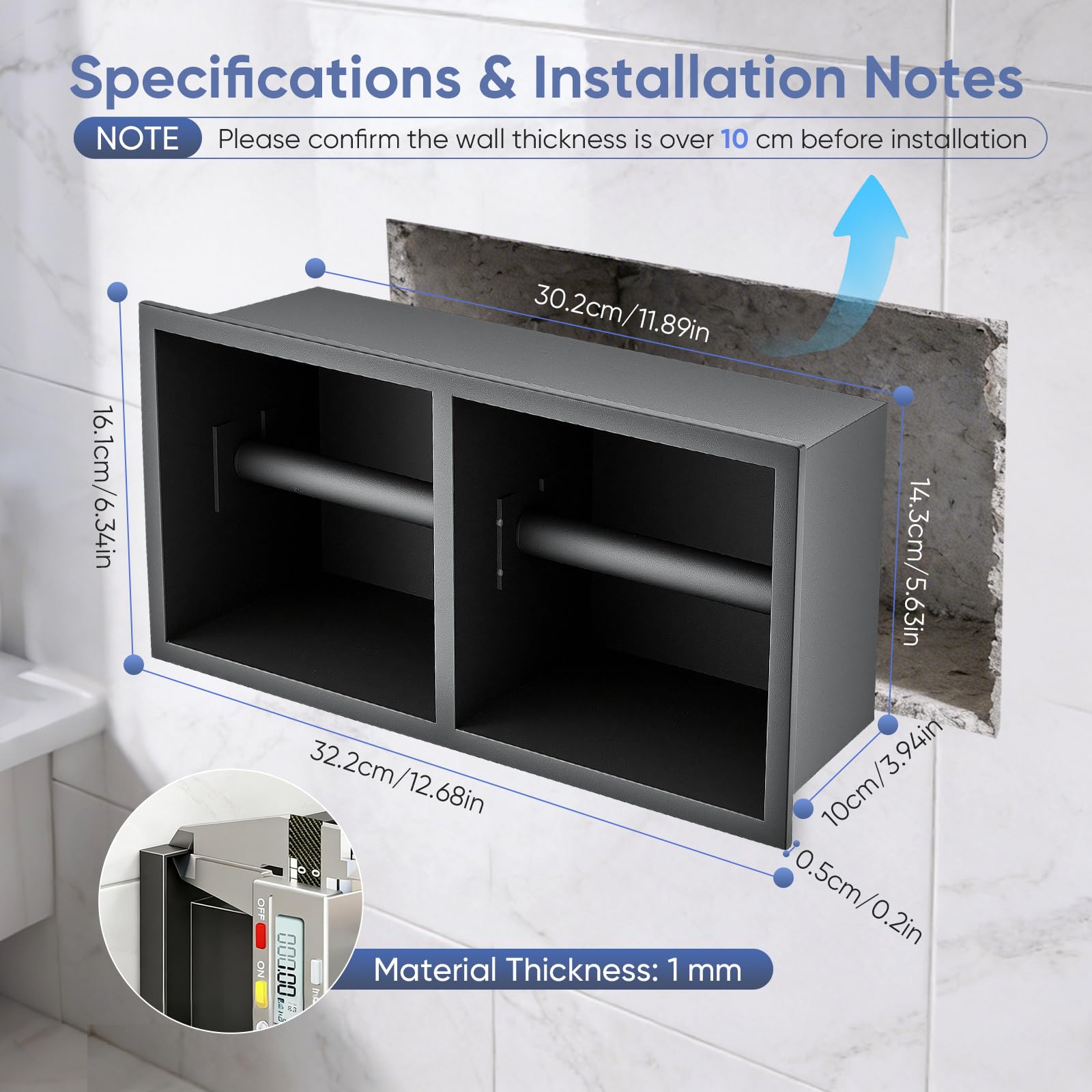 Portarrollos Papel Higiénico Empotrado, Acero Inoxidable 304 Portarrollos Grueso Mueble Baño Nicho Pared 31×15×10Cm con Borde Enrollado 1 Cm Estante Pared Papel Higiénico (Negro, A)