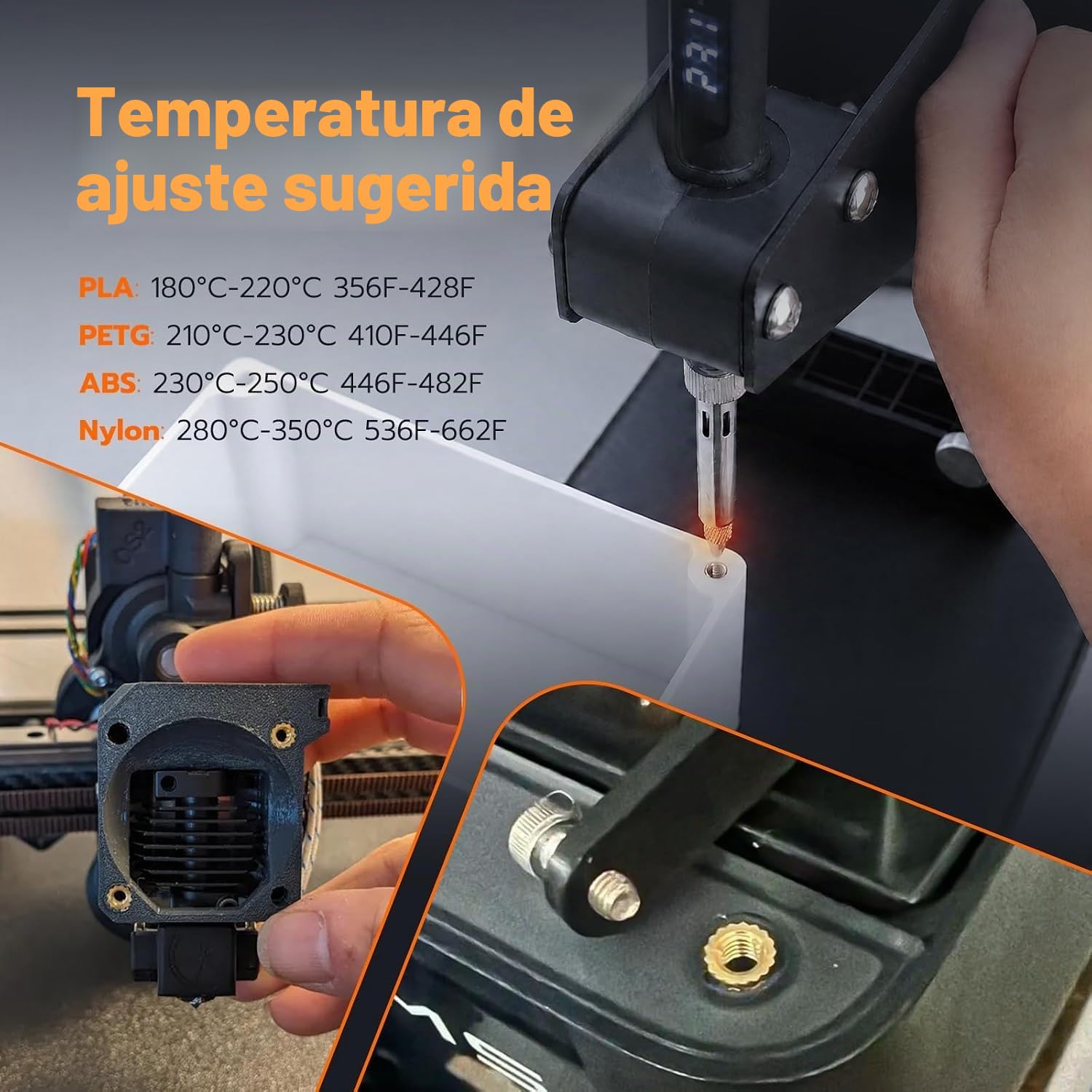 Máquina de prensa de calor vertical de 210 mm de altura de inserción M2-M8 tuercas moleteadas de latón para impresión 3D