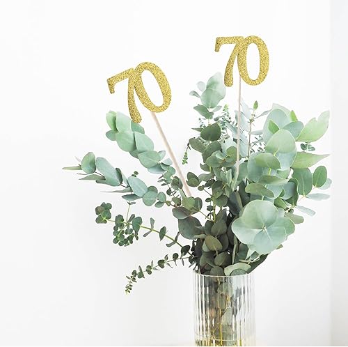Miniatura 3 de Paquete de 10 palitos de centro de mesa de aniversario con purpurina de doble cara para cumpleaños número 70, decoración de mesa para cumpleaños 70