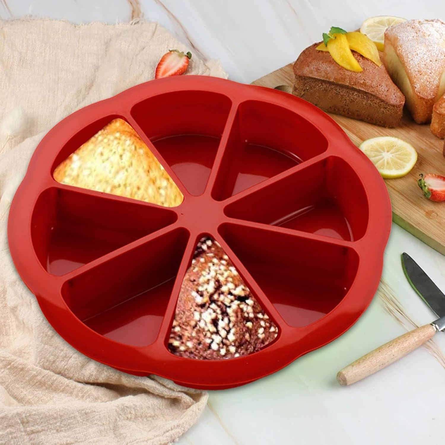 Silikon-Kuchenform mit 8 Mulden, antihaftbeschichtet, Pizzascheiben, Kuchenform, dreieckige Kuchenform, hitzebeständiges Backwerkzeug für Brownies, Muffins, Scone Pizza, Seife (2 Stück blau + rot)