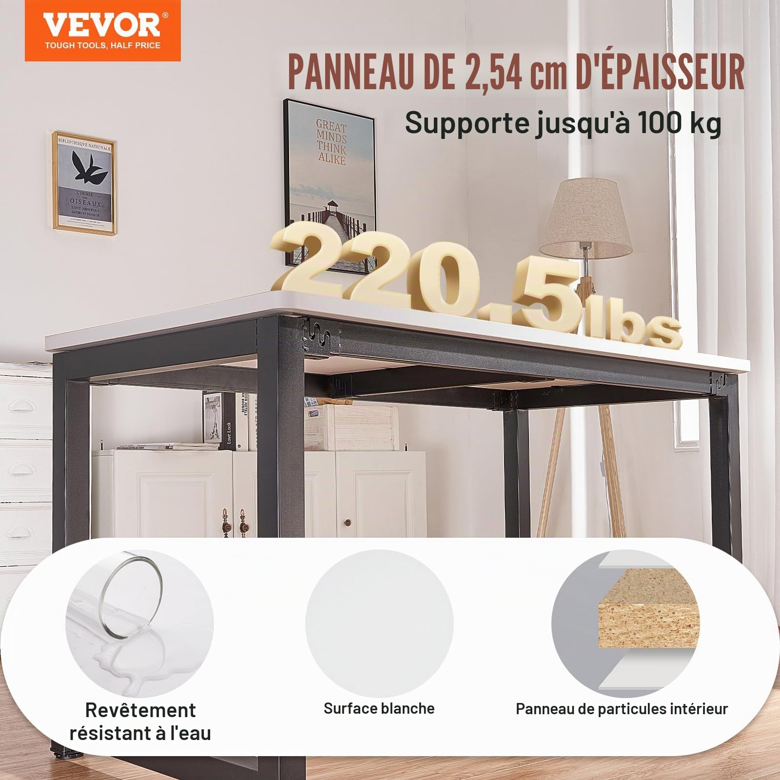 VEVOR Dessus de table, 139,7 x 71,1 x 2,5 cm, capacité de charge de 100 kg, bureau universel en panneau de particules pour bureau électrique réglable en hauteur, comptoir rectangulaire pour maison et