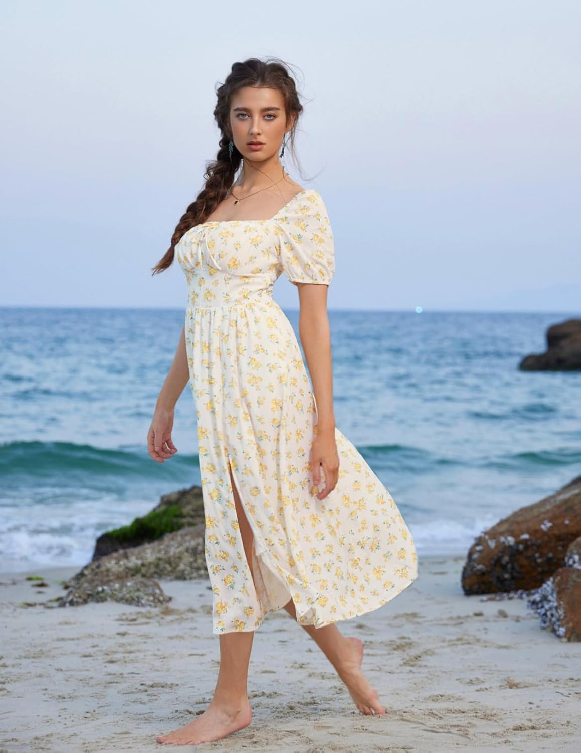 Scarlet Darkness Women's Floral Corset Dress with Split 2026 Summer Spring Square Neck Midi Milkmaid Dresses - Image 5