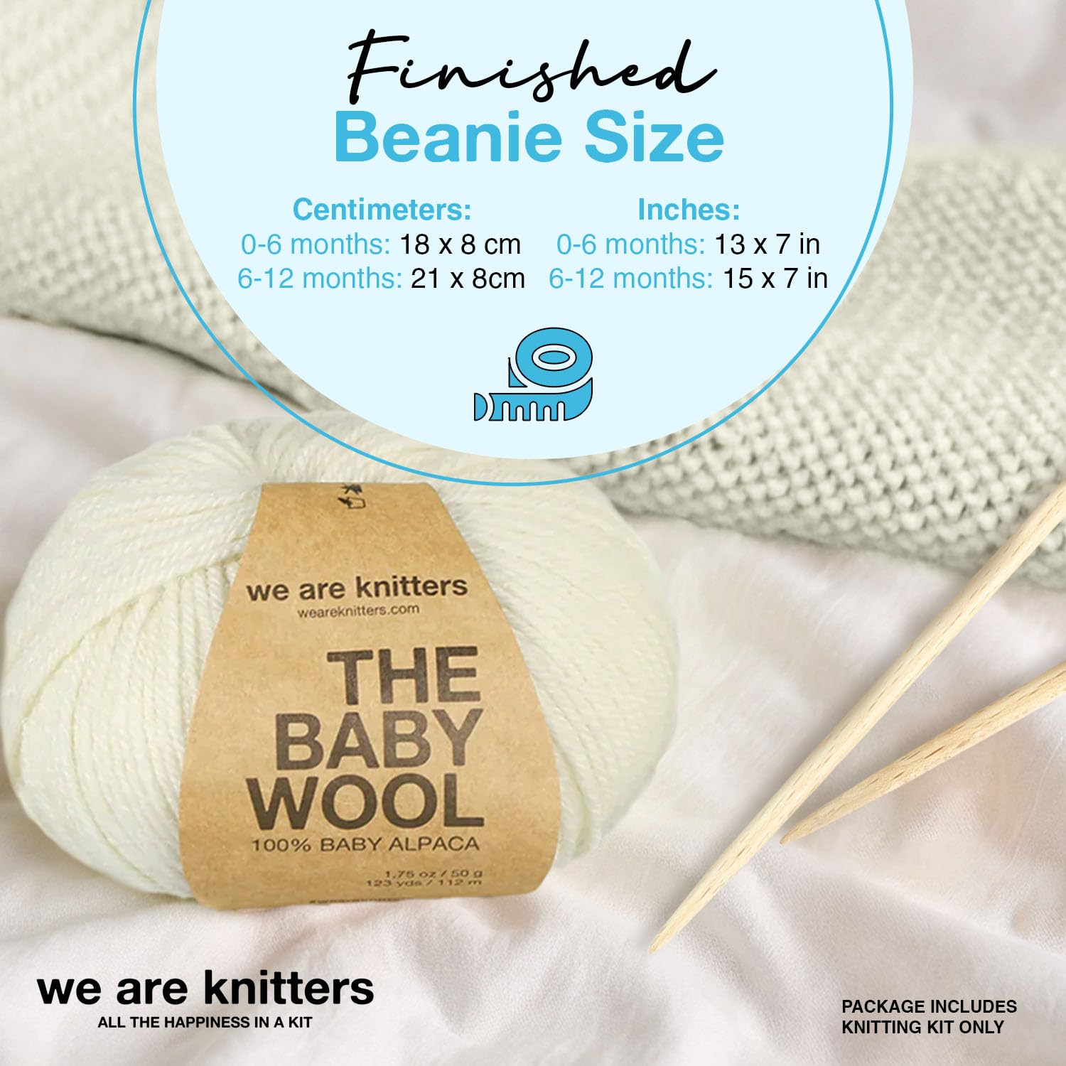 We Are Knitters Loris Beanie Strickset für Babys, DIY Mütze aus 100% Alpaka Wolle zum Stricken, Häckel kit für Anfänger, Strickset für Anfänger inkl. Stricknadeln Set, Größen 0-6M & 6-12M