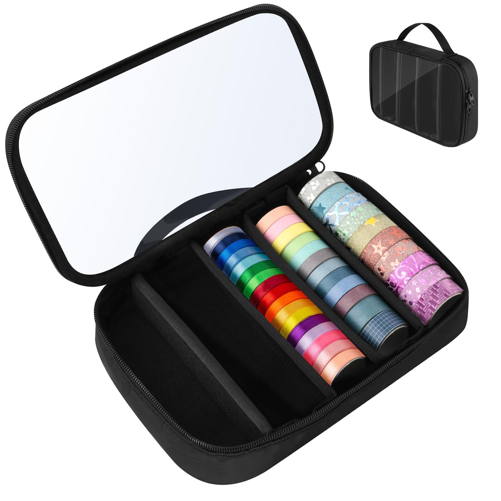 Washi Tape Organizer Carry Bag with Divider Strips, Adhesive Tape, DIY Sticker Roll Tape Holder, Storage Bag with Handle Loop, Transparent PVC Window, Black-image-38